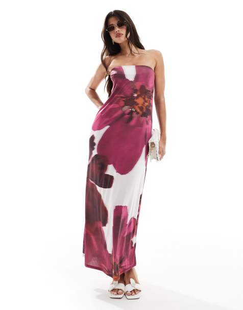 ASOS DESIGN bandeau column midi dress in white oversized floral print - view 1