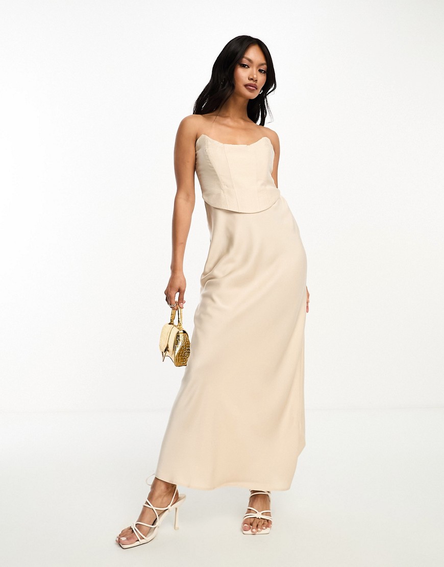 ASOS DESIGN bandeau contrast fabric slip maxi dress with corset detail in gold