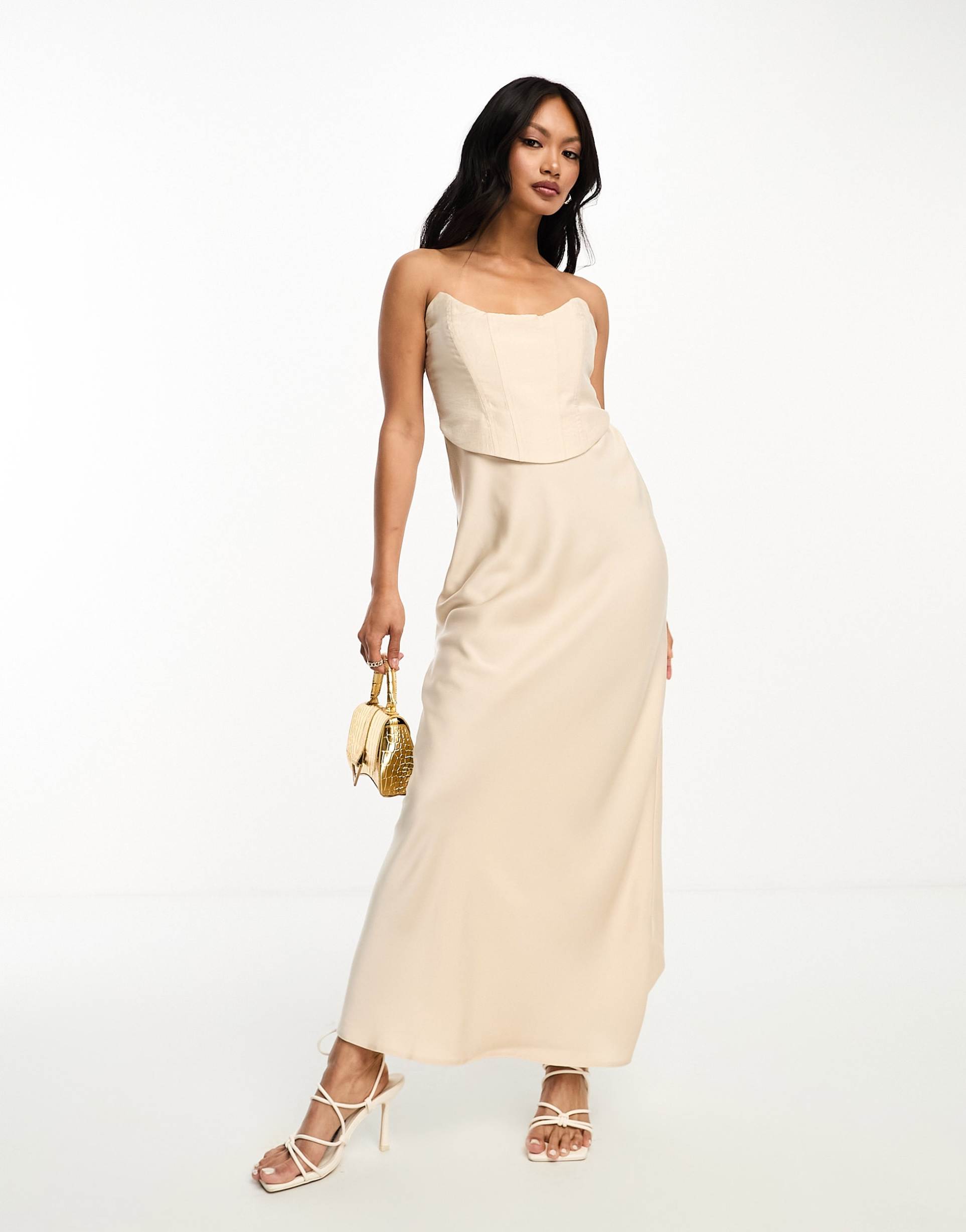 asos design bandeau contrast fabric slip maxi dress with corset detail in gold