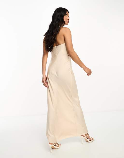 ASOS DESIGN bandeau contrast fabric slip maxi dress with corset detail in  gold