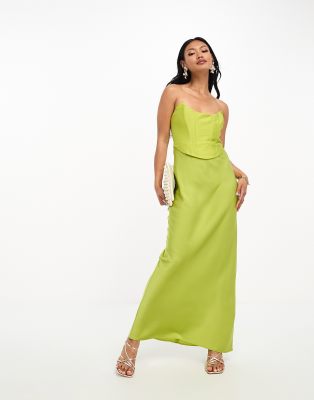 ASOS DESIGN bandeau contrast fabric slip maxi dress with corset detail in olive  green | ASOS