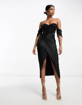 Asos Design Bandeau Corset Mesh Satin Midi Dress In Black