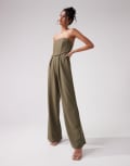 [ASOS DESIGN] ASOS DESIGN bandeau corset wide leg jumpsuit in khaki-Green 12 KHAKI