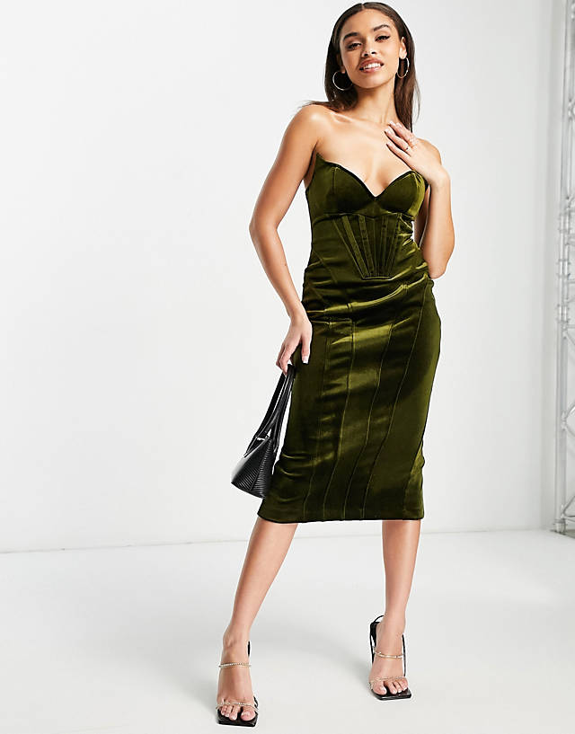 ASOS DESIGN bandeau corseted velvet midi dress in dark green