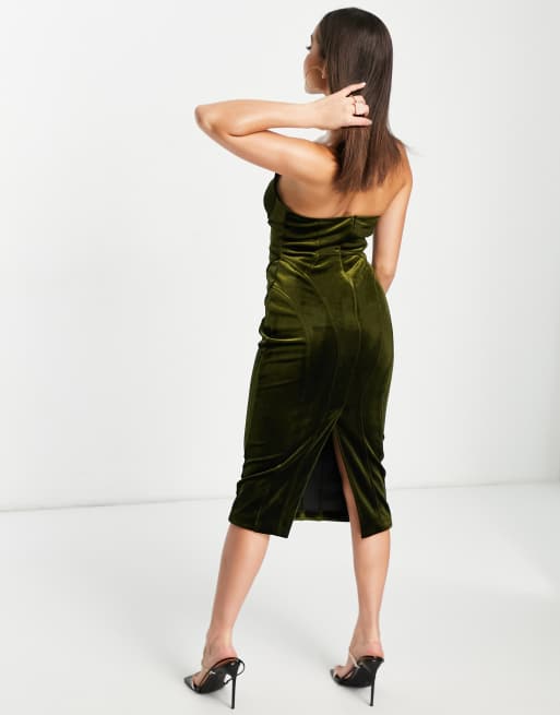 ASOS DESIGN bandeau corseted velvet midi dress in dark green