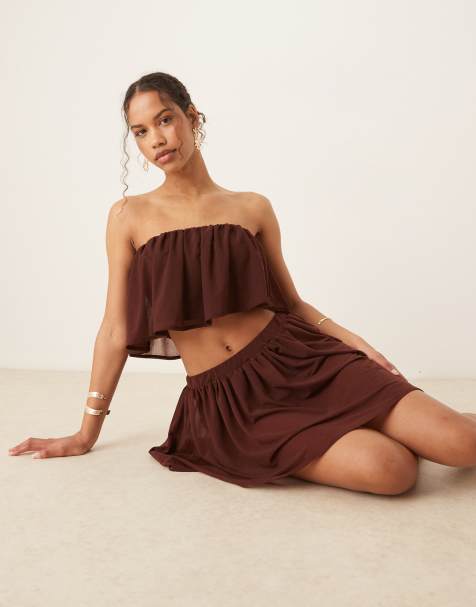 ASOS DESIGN - Bandeau crop top met ruches in donkerbruin, deel van co-ord set - view 1
