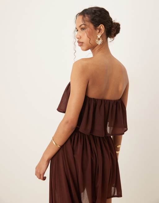 ASOS DESIGN - Bandeau crop top met ruches in donkerbruin, deel van co-ord set, 3 van 4