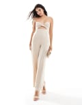 [ASOS DESIGN] ASOS DESIGN bandeau cross over wide leg linen look jumpsuit in natural-Neutral 12 STONE
