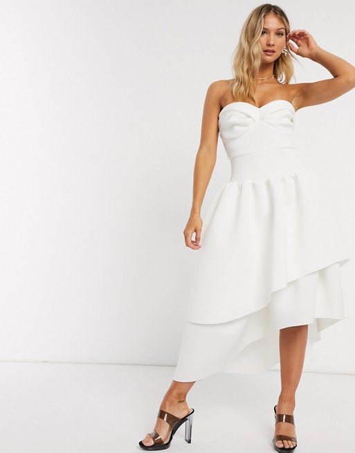 ASOS DESIGN bandeau cup detail midi prom dress with layered skirt in ivory
