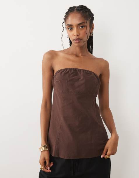 ASOS DESIGN bandeau curved side seam top set in chocolate - view 1