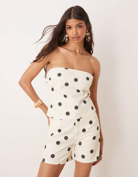 ASOS DESIGN bandeau denim top in ecru polka dot - view 1