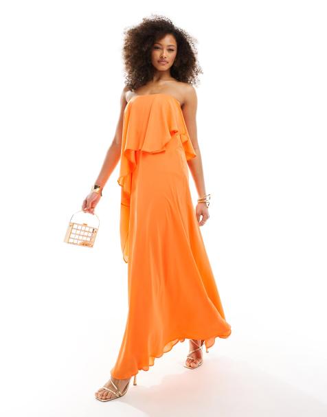 Orange Off Shoulder Wedding Guest Dress With Frill, Bergamo