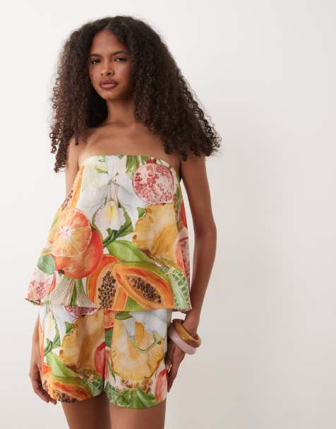ASOS DESIGN bandeau double layer romper in tropical print - view 1