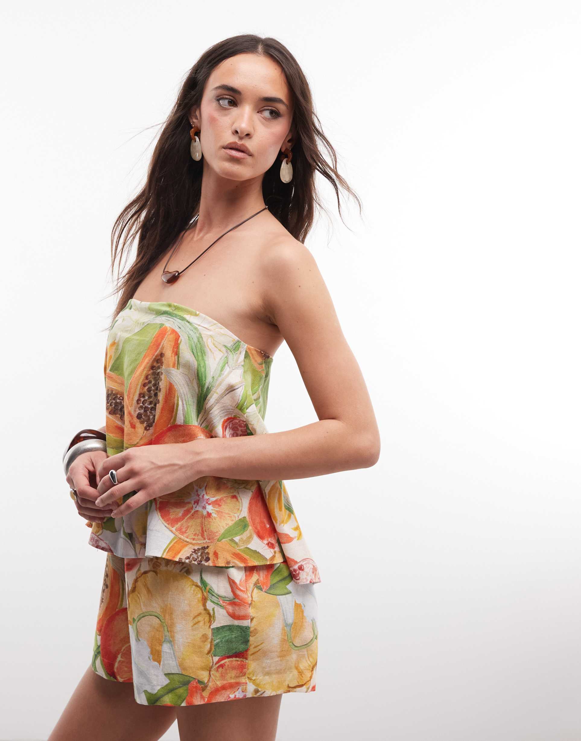 asos design bandeau double layer romper in tropical print