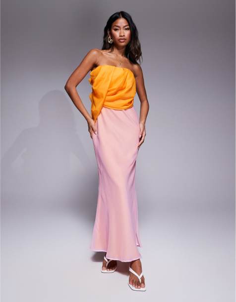 ASOS DESIGN bandeau draped bias maxi dress in pink and orange ombre print - view 1