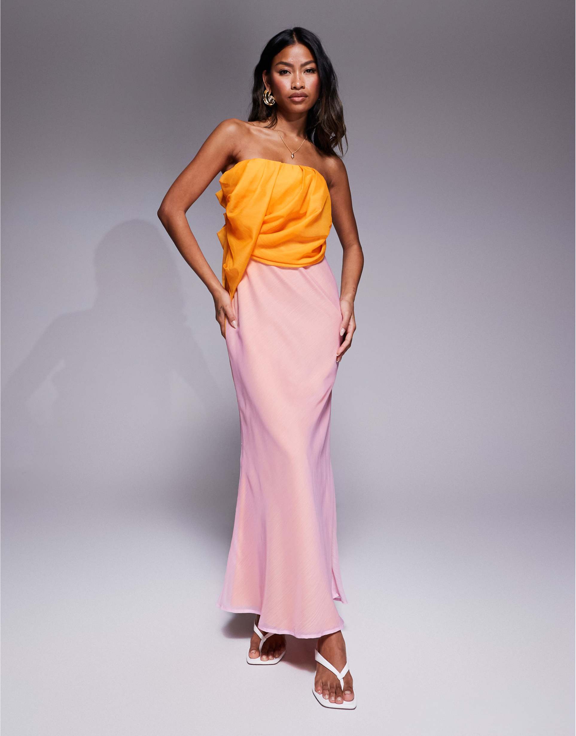 asos design bandeau draped bias maxi dress in pink and orange ombre print