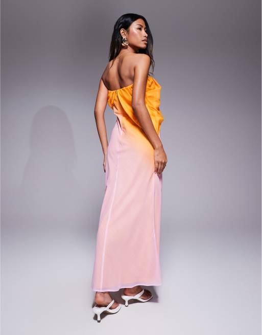 ASOS DESIGN bandeau draped bias maxi dress in pink and orange ombre print