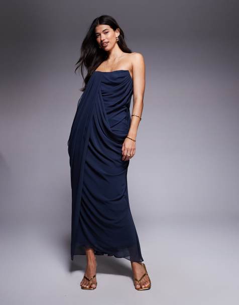 ASOS DESIGN bandeau draped midaxi dress in ink blue - view 1