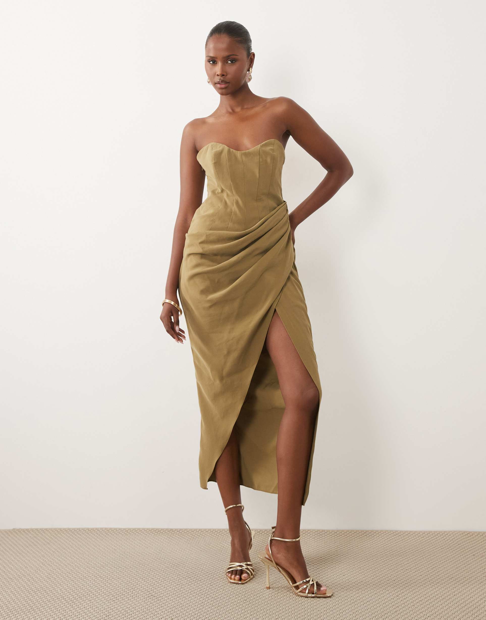 asos design bandeau draped midaxi dress with slit in olive green