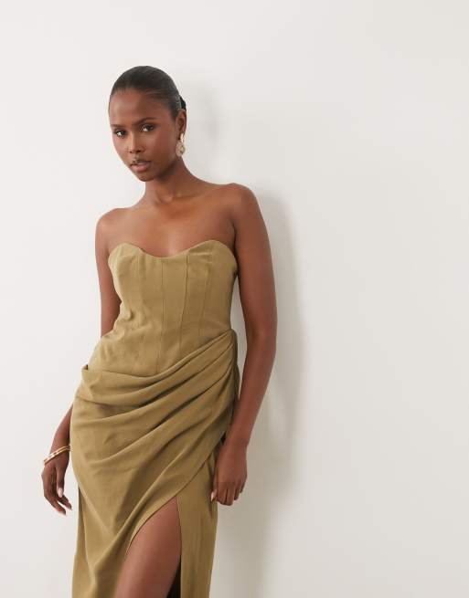 ASOS DESIGN bandeau draped midaxi dress with slit in olive green, 2 of 4