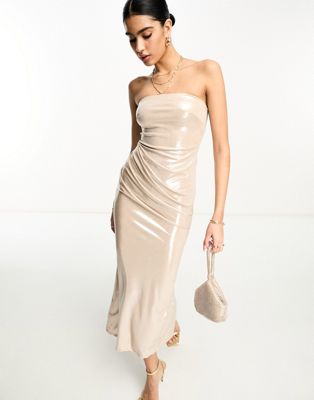 Shop Asos Design Bandeau Draped Tucked Midi Dress In Textured Slinky In Gold Foil