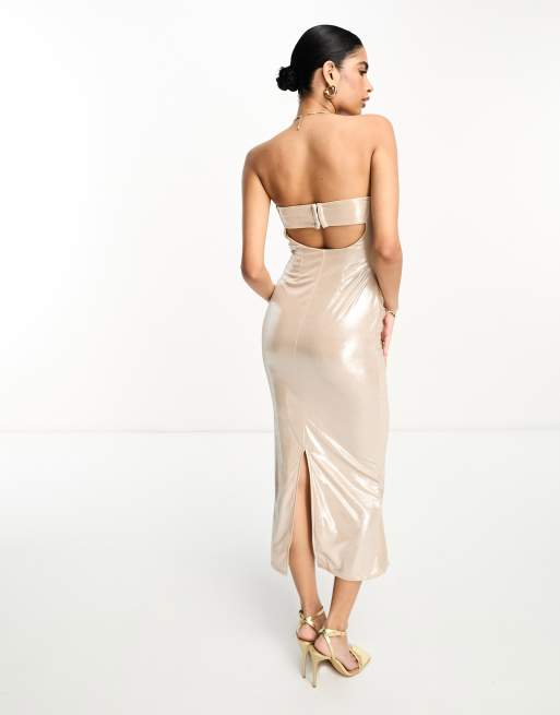 ASOS DESIGN bandeau draped tucked midi dress in textured slinky in gold foil