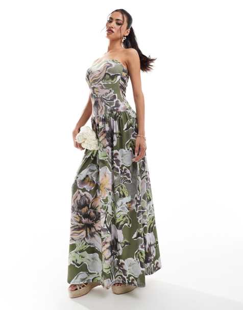 ASOS DESIGN bandeau drop hem gathered maxi dress in dark floral print - view 1