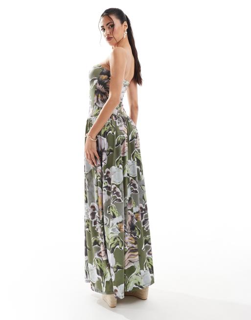 ASOS DESIGN bandeau dropped hem gathered maxi dress in dark floral print, 2 of 4
