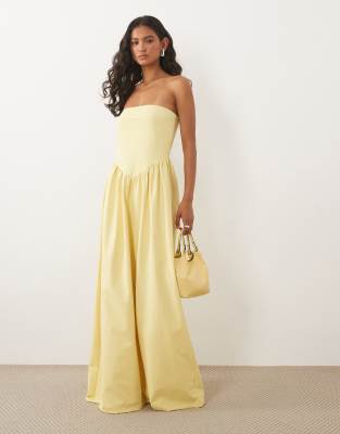 ASOS DESIGN bandeau dropped hem midi dress in lemon