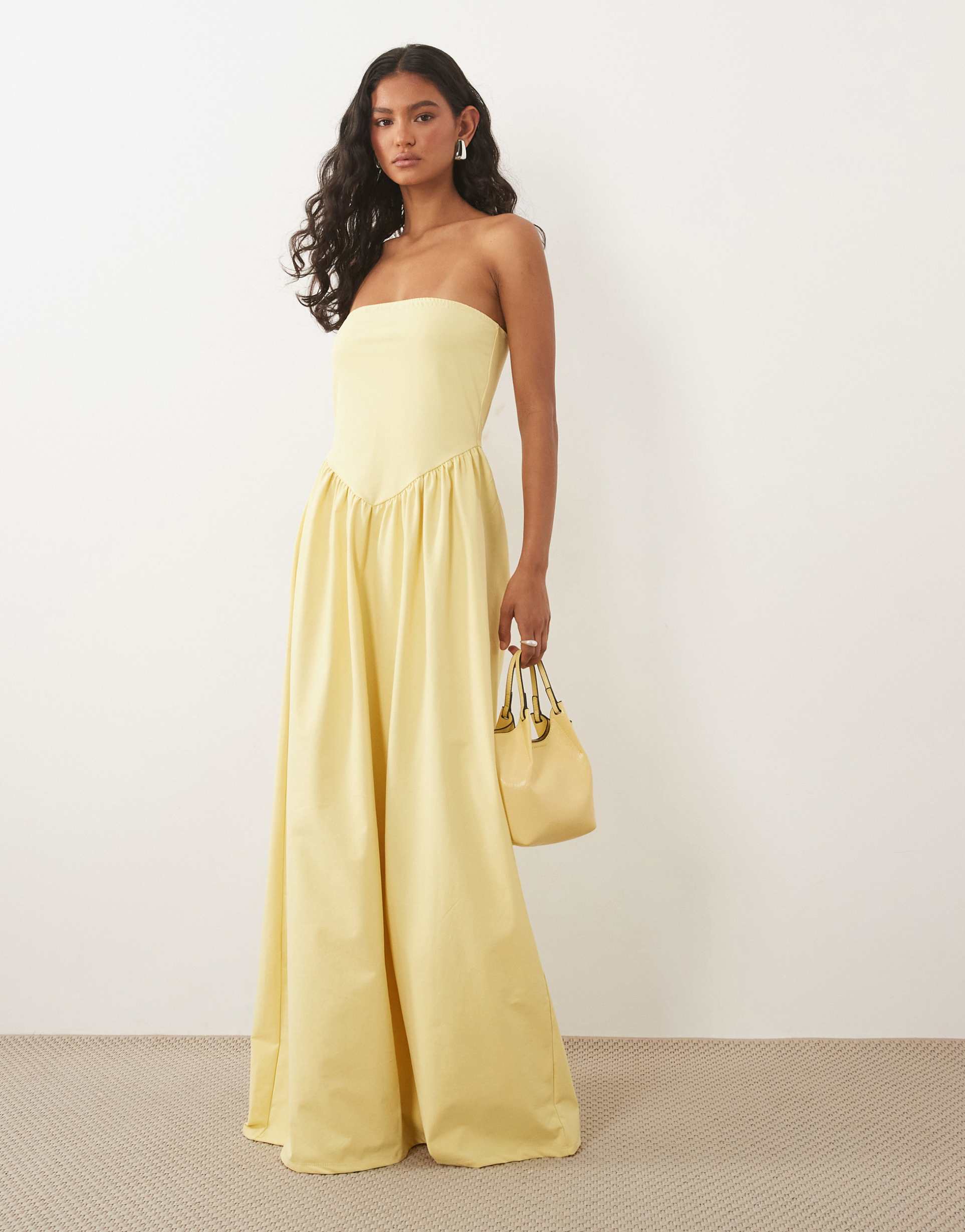 asos design bandeau dropped hem midi dress in lemon