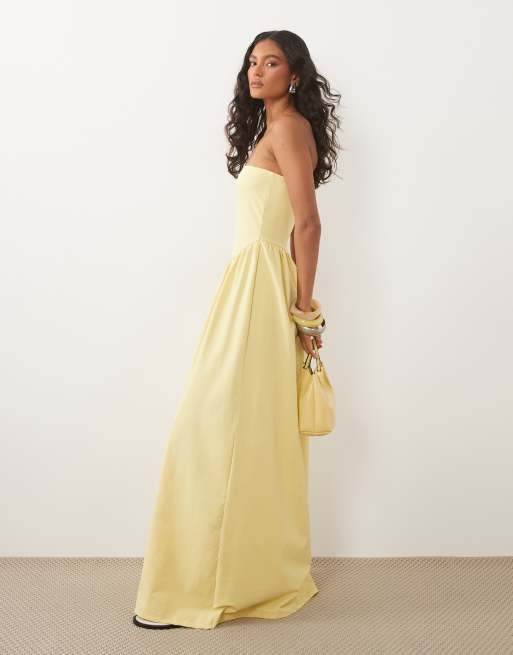 ASOS DESIGN bandeau dropped hem midi dress in lemon, 2 of 4