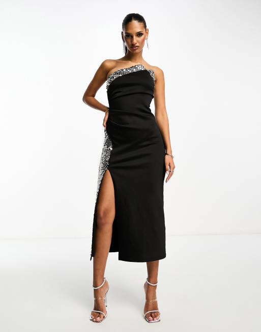 ASOS DESIGN bandeau u wire ruched midi dress in black