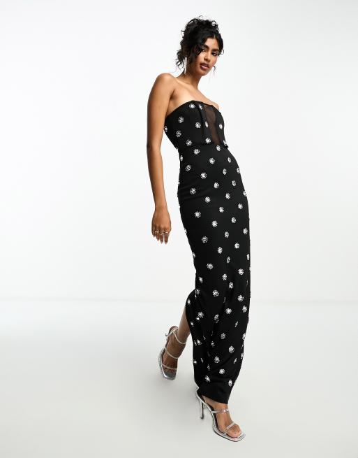 Animal Printed Mesh Bandeau Jersey Midi Dress