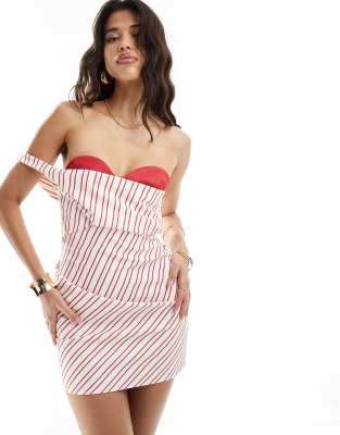 Asos Design Bandeau Exposed Bra Mini Dress In Red And White Stripe-multi