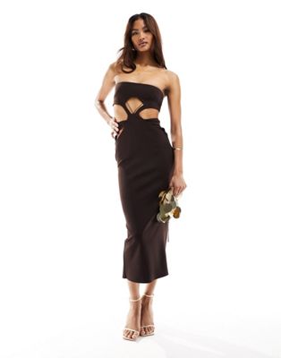 Plus Chocolate Brown Bandage Pointed Bandeau Panelled Bodycon Dress