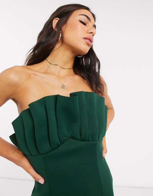 ASOS DESIGN bandeau fan front midi dress in forest green, 3 of 4