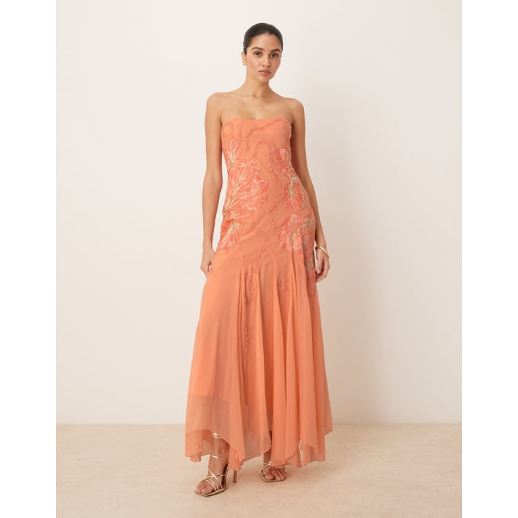 ASOS DESIGN bandeau floral embellished maxi dress in apricot | ASOS