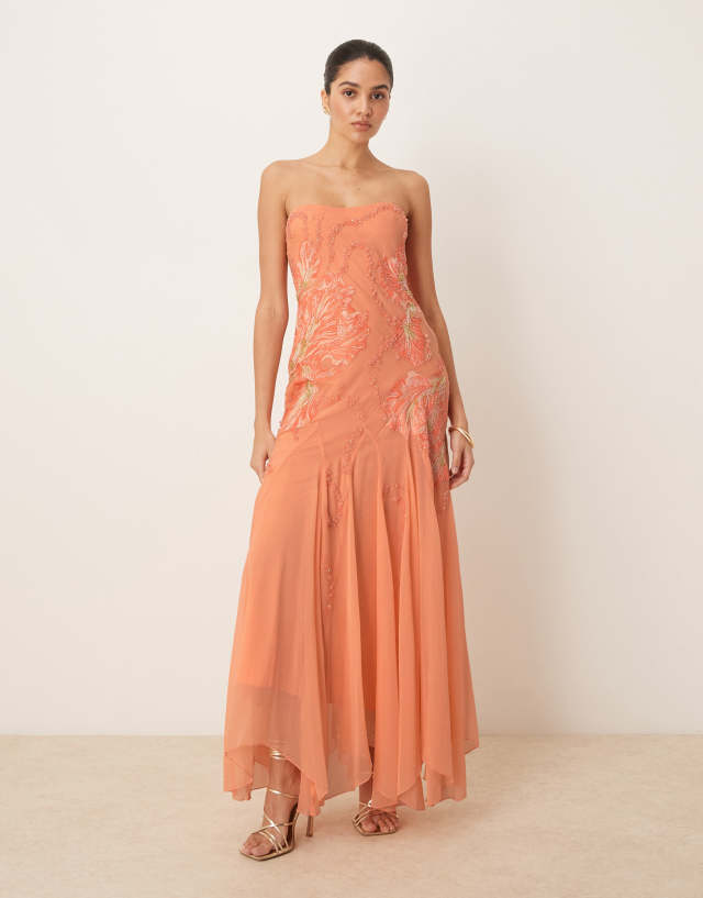 ASOS DESIGN bandeau floral embellished maxi dress in apricot