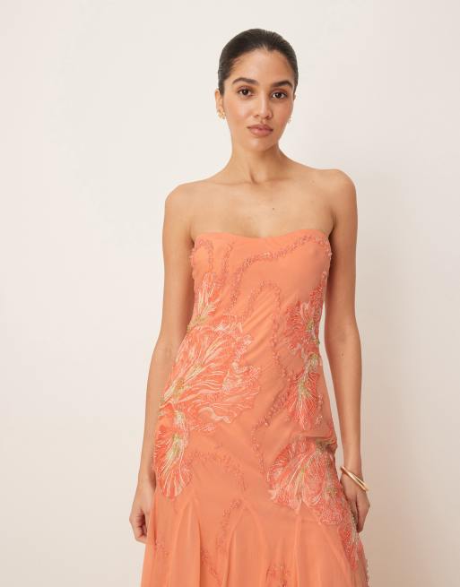 ASOS DESIGN bandeau floral embellished maxi dress in apricot
