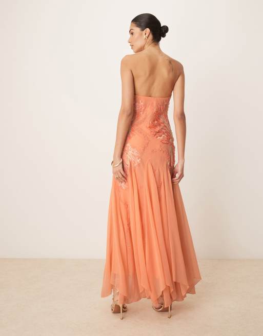 ASOS DESIGN bandeau floral embellished maxi dress in apricot