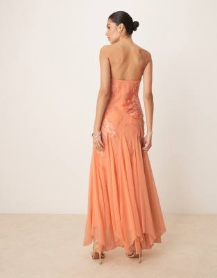 ASOS DESIGN bandeau floral embellished maxi dress in apricot