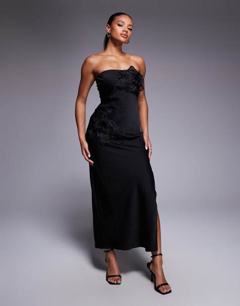 ASOS DESIGN bandeau flower applique maxi dress in black - view 1