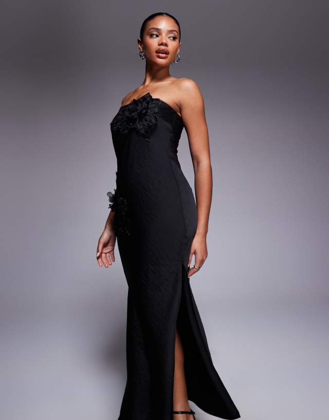ASOS Design Bandeau Flower Applique Maxi Dress in Black