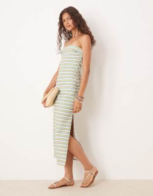 ASOS DESIGN bandeau fold over midi dress in blue and green stripe-Multi