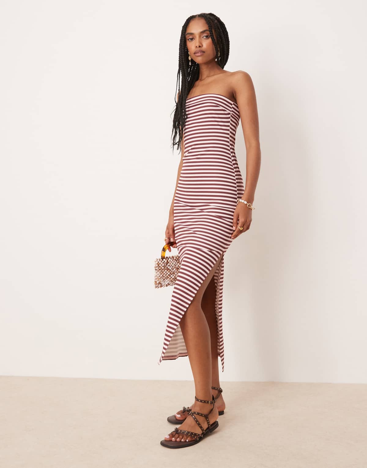 ASOS DESIGN bandeau fold over midi dress in brown and pink stripe