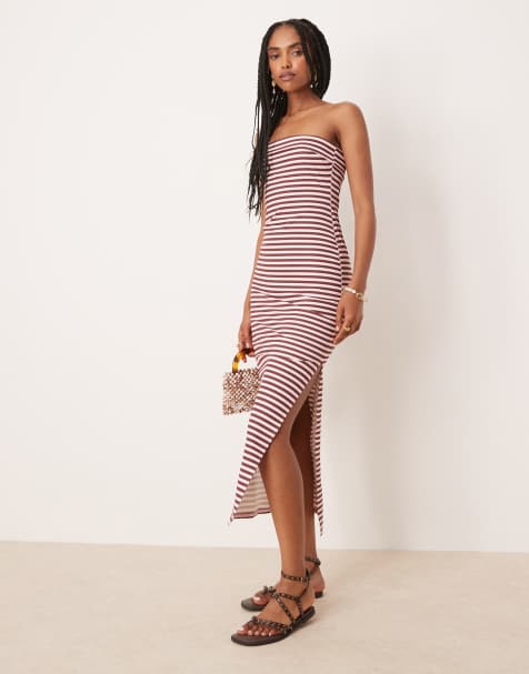 ASOS DESIGN bandeau fold over midi dress in brown and pink stripes - view 1