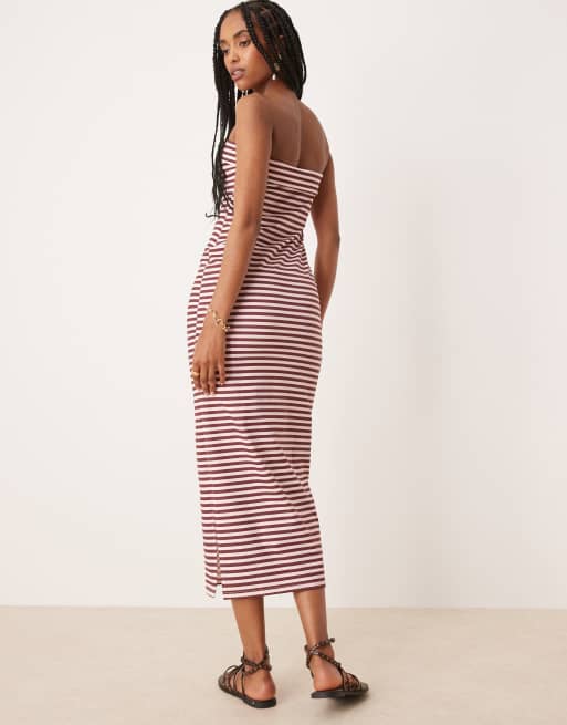 ASOS DESIGN bandeau fold over midi dress in brown and pink stripes, 4 of 4