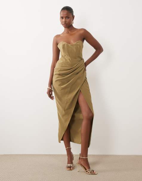 ASOS DESIGN bandeau gedrapeerde midaxi-jurk met split in olijfgroen - view 1