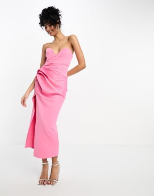 Asos Design Bandeau Hitched Hip Midi Dress In Coral Pink