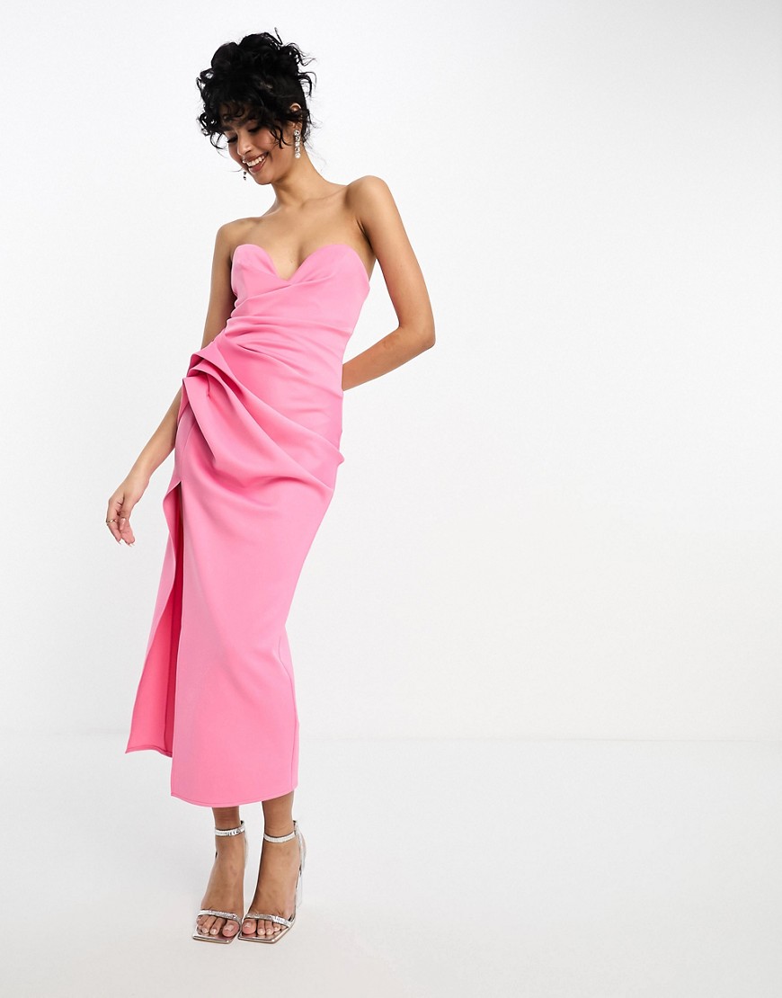ASOS DESIGN bandeau hitched hip midi dress in coral pink